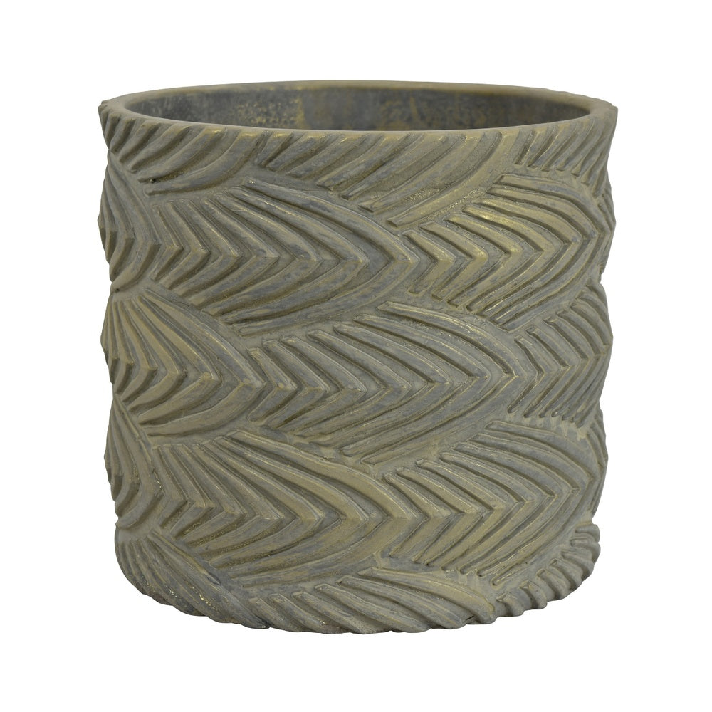 Cylindrical Planter | Raised Feather Motifs | Gray & Gold Terracotta 7"