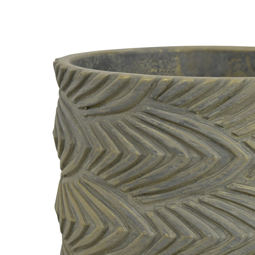 Cylindrical Planter | Raised Feather Motifs | Gray & Gold Terracotta 7"