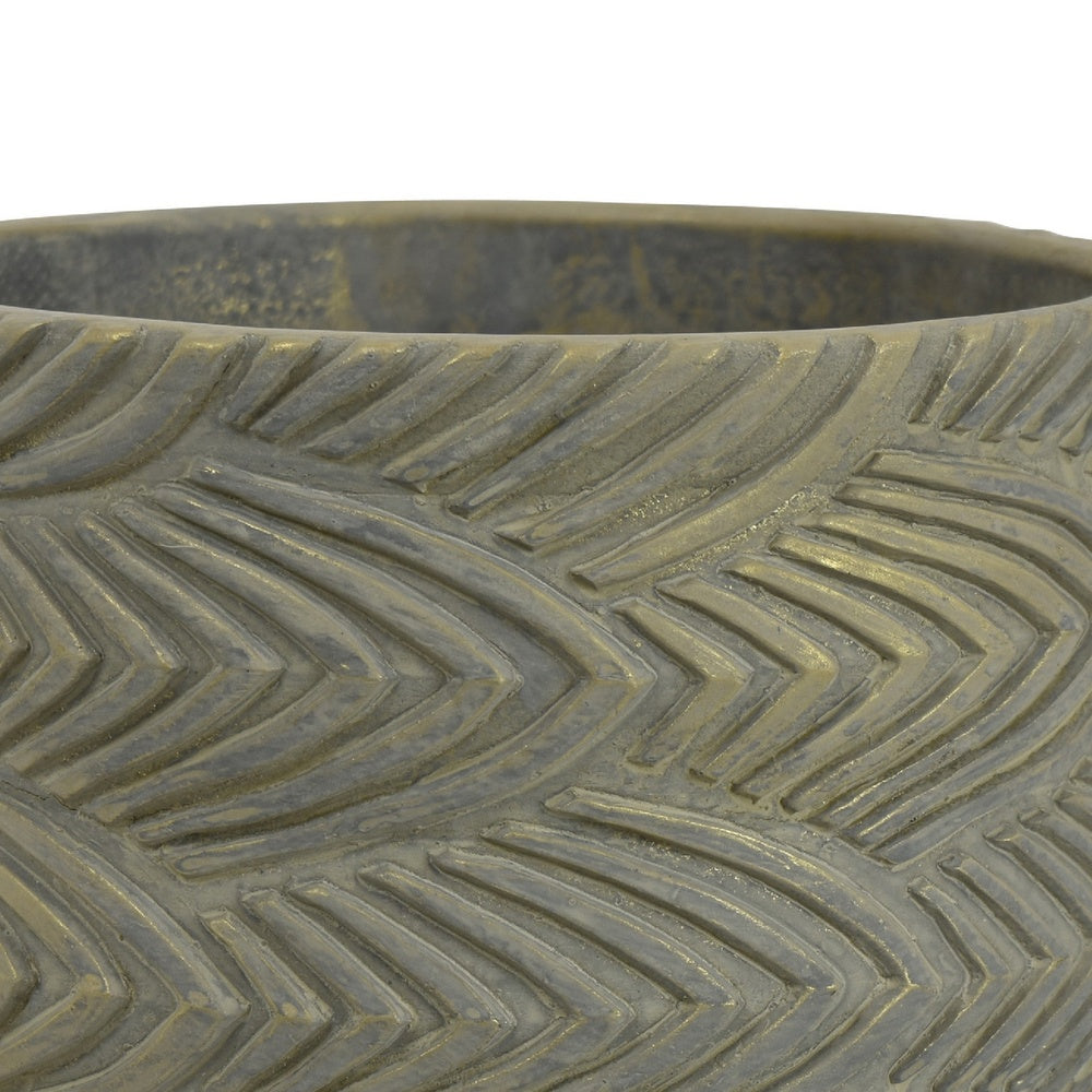 Cylindrical Planter | Raised Feather Motifs | Gray & Gold Terracotta 7"