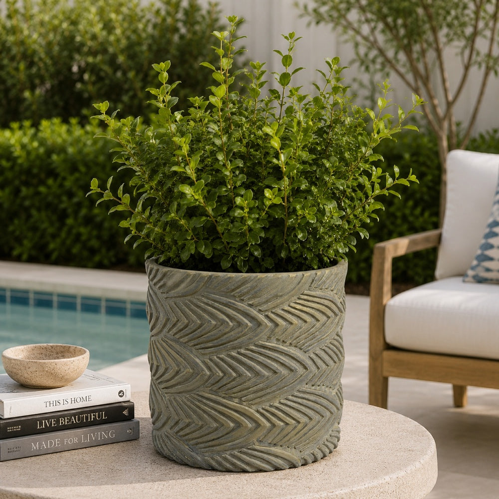 Cylindrical Planter | Raised Feather Motifs | Gray & Gold Terracotta 7"