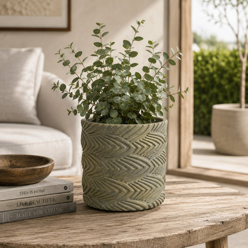 Cylindrical Planter | Raised Feather Motifs | Gray & Gold Terracotta 7"