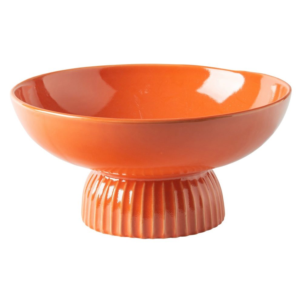 Pedestal Fruit Bowl | Wide Basin | Ribbed Glazed Orange Ceramic 11"