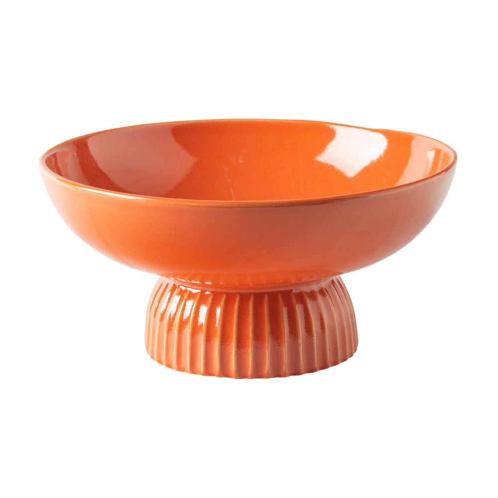 Pedestal Fruit Bowl | Wide Basin | Ribbed Glazed Orange Ceramic 11"