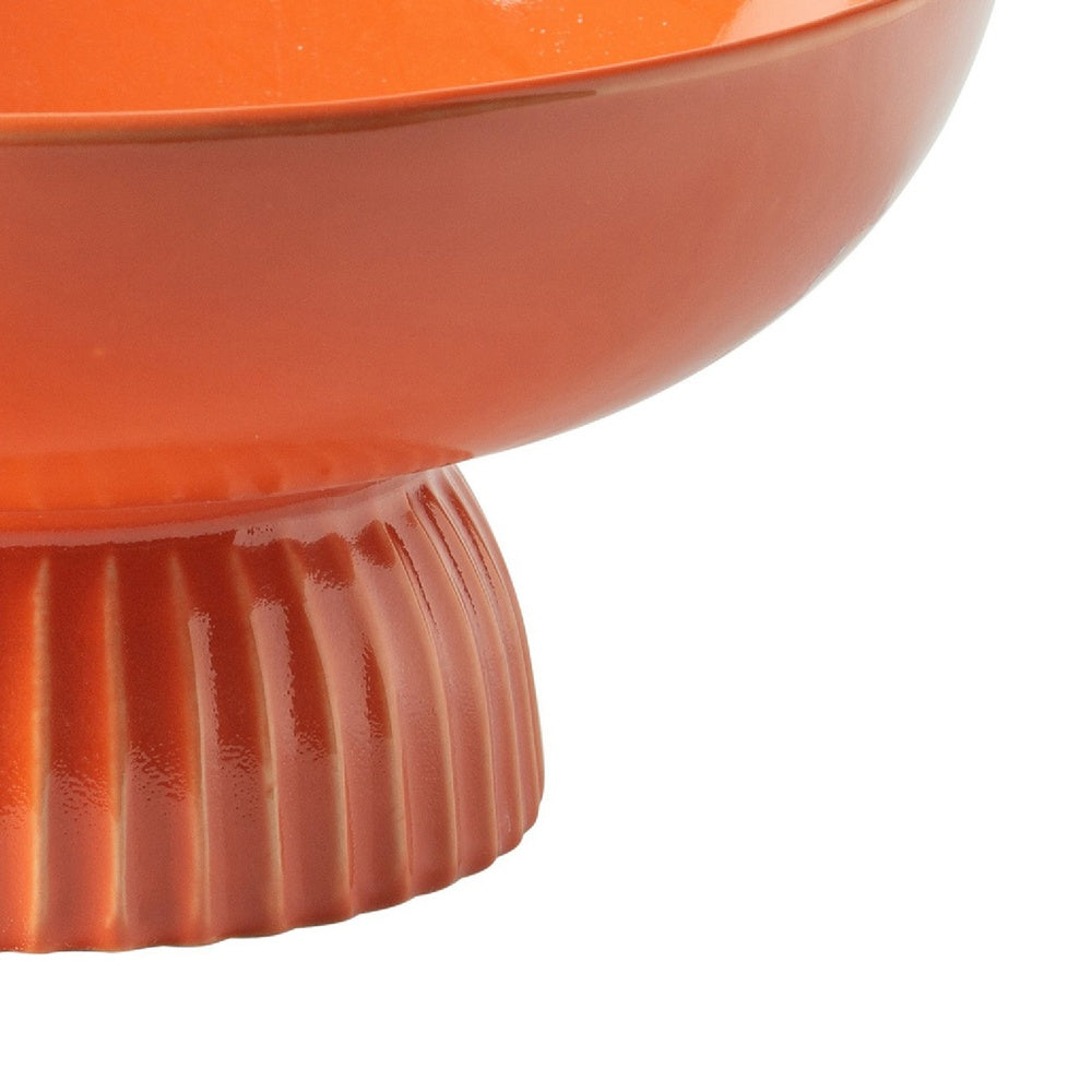 Pedestal Fruit Bowl | Wide Basin | Ribbed Glazed Orange Ceramic 11"