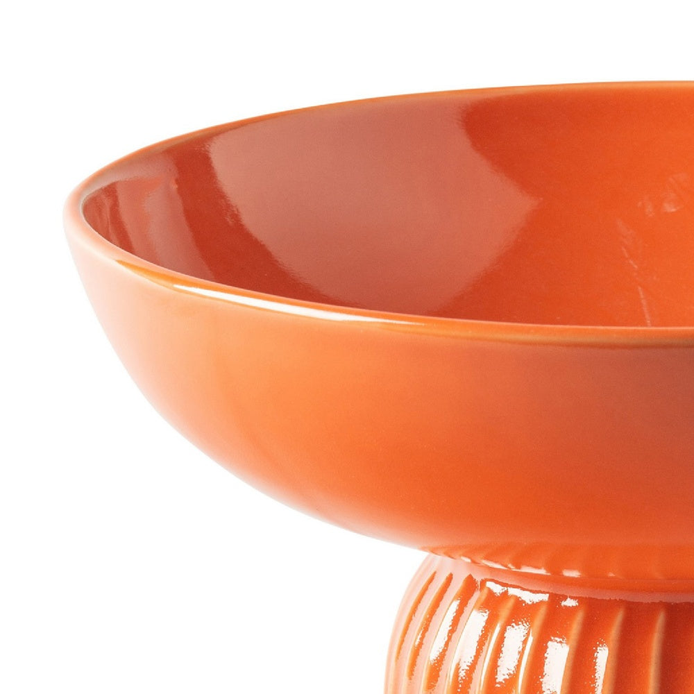 Pedestal Fruit Bowl | Wide Basin | Ribbed Glazed Orange Ceramic 11"