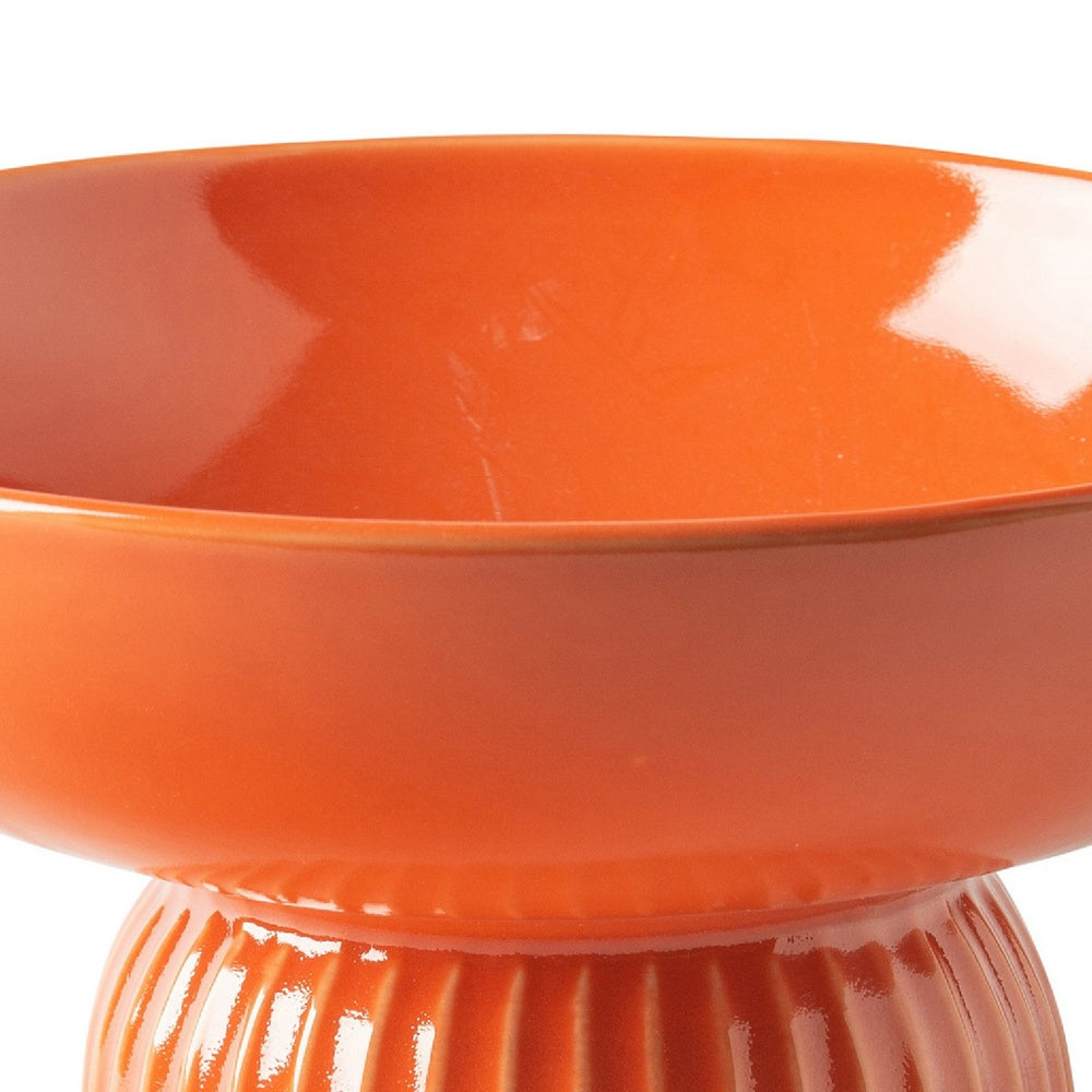 Pedestal Fruit Bowl | Wide Basin | Ribbed Glazed Orange Ceramic 11"