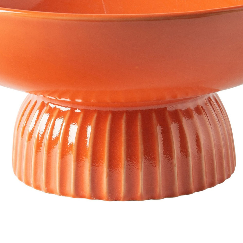 Pedestal Fruit Bowl | Wide Basin | Ribbed Glazed Orange Ceramic 11"
