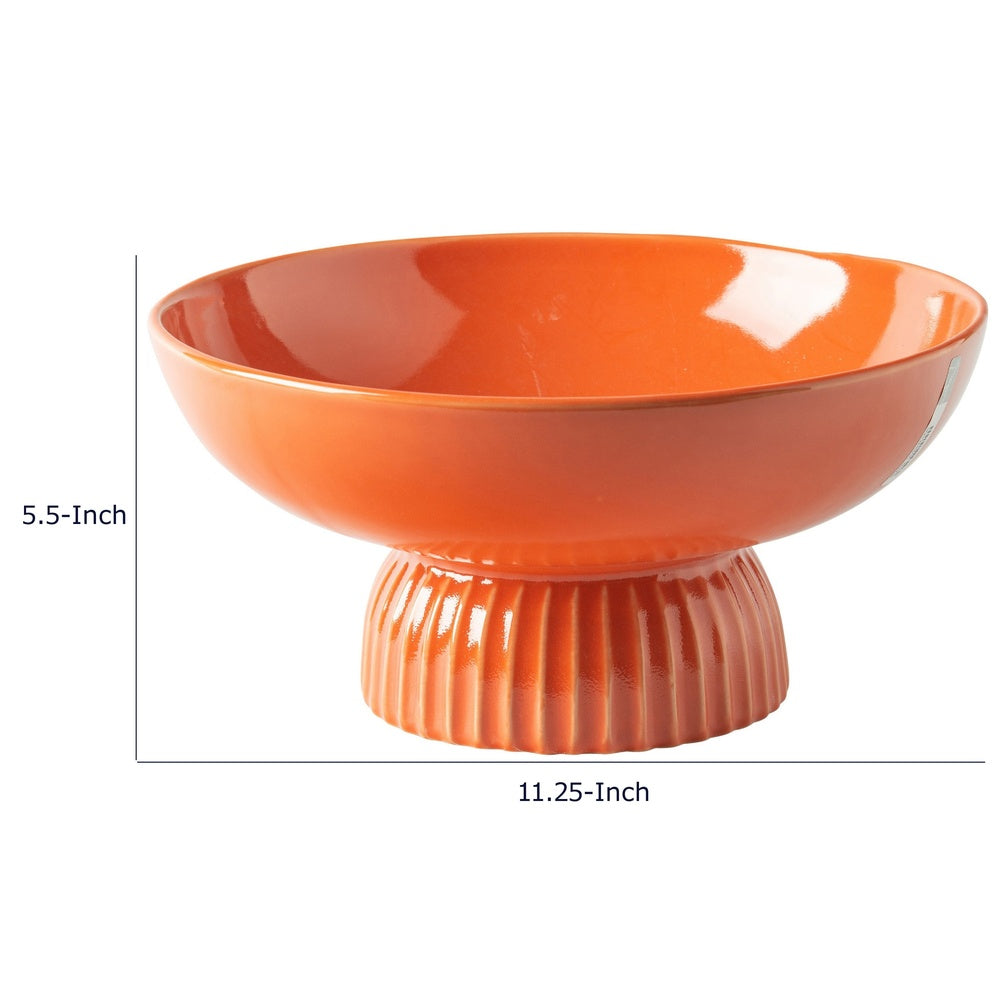 Pedestal Fruit Bowl | Wide Basin | Ribbed Glazed Orange Ceramic 11"
