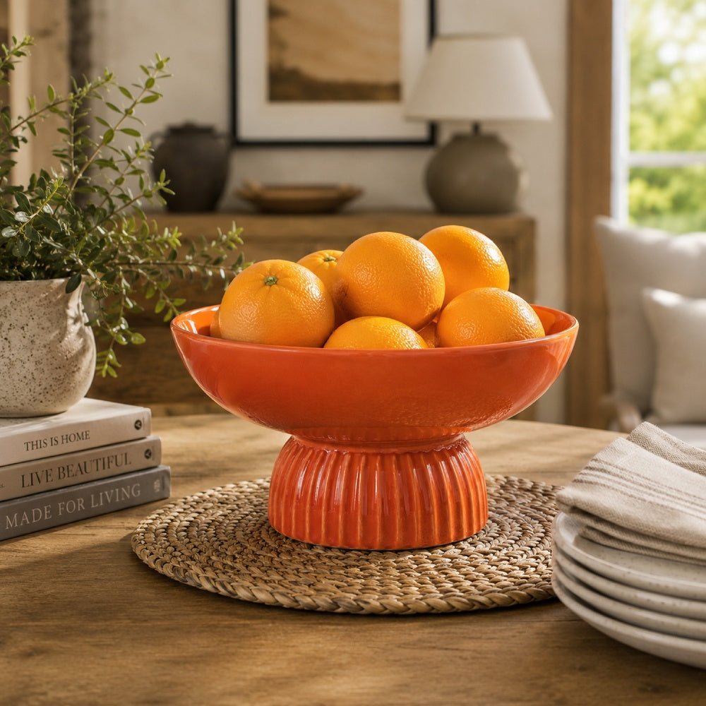 Pedestal Fruit Bowl | Wide Basin | Ribbed Glazed Orange Ceramic 11"
