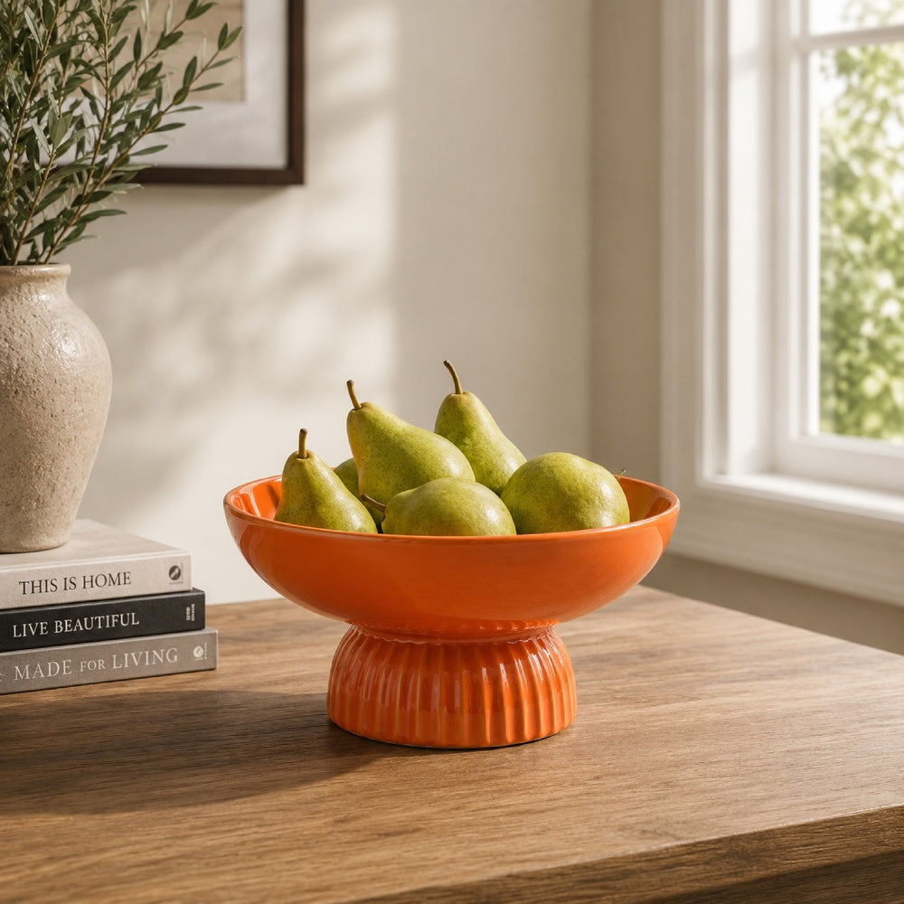Pedestal Fruit Bowl | Wide Basin | Ribbed Glazed Orange Ceramic 11"