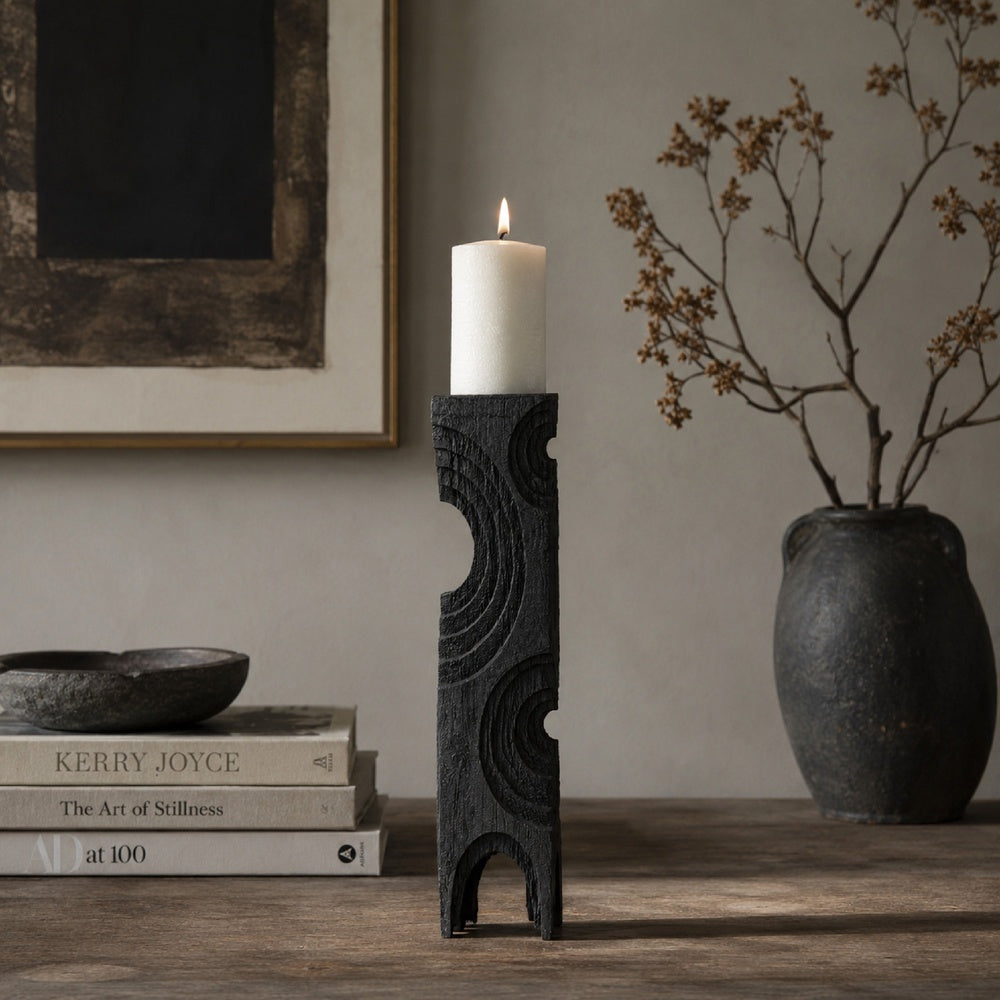 Tabletop Decor | Pillar C&le St& | Geometric Cutouts | Black Resin 21"