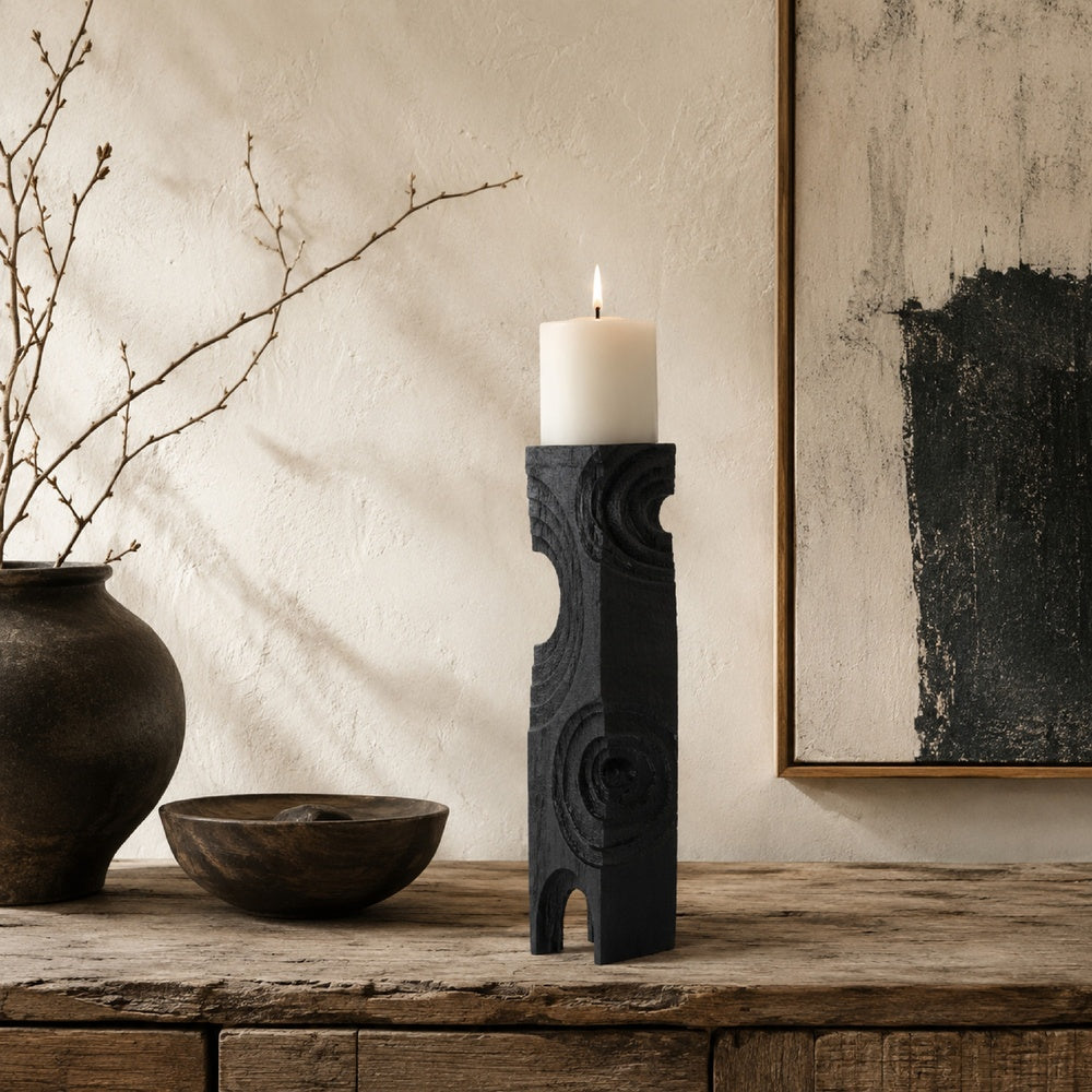 Tabletop Decor | Pillar C&le St& | Geometric Cutouts | Black Resin 21"