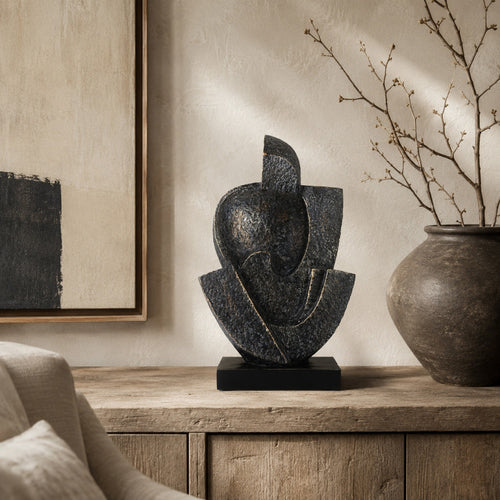 Tabletop Decor | Cubist Style Sculpture w Base | Dark Gray Resin 11"