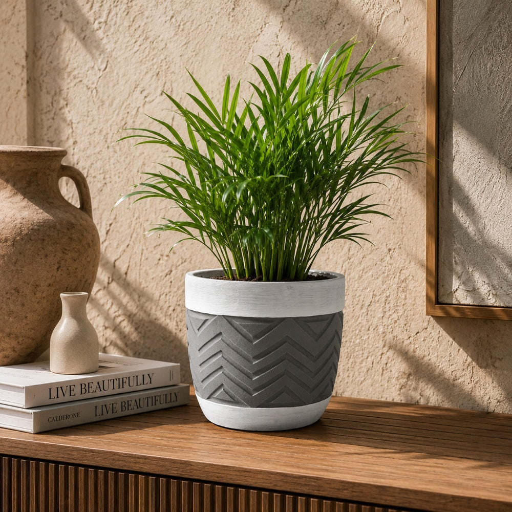 Decorative Planter | Chevron Design | Gray & White 7" Terracotta