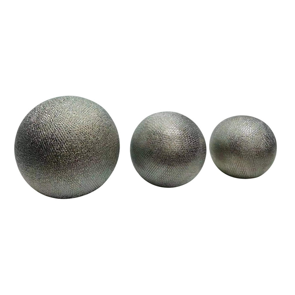 Decorative Ball Orb Set of 3 | Cross-Hatched Texture | Antique Silver Ceramic