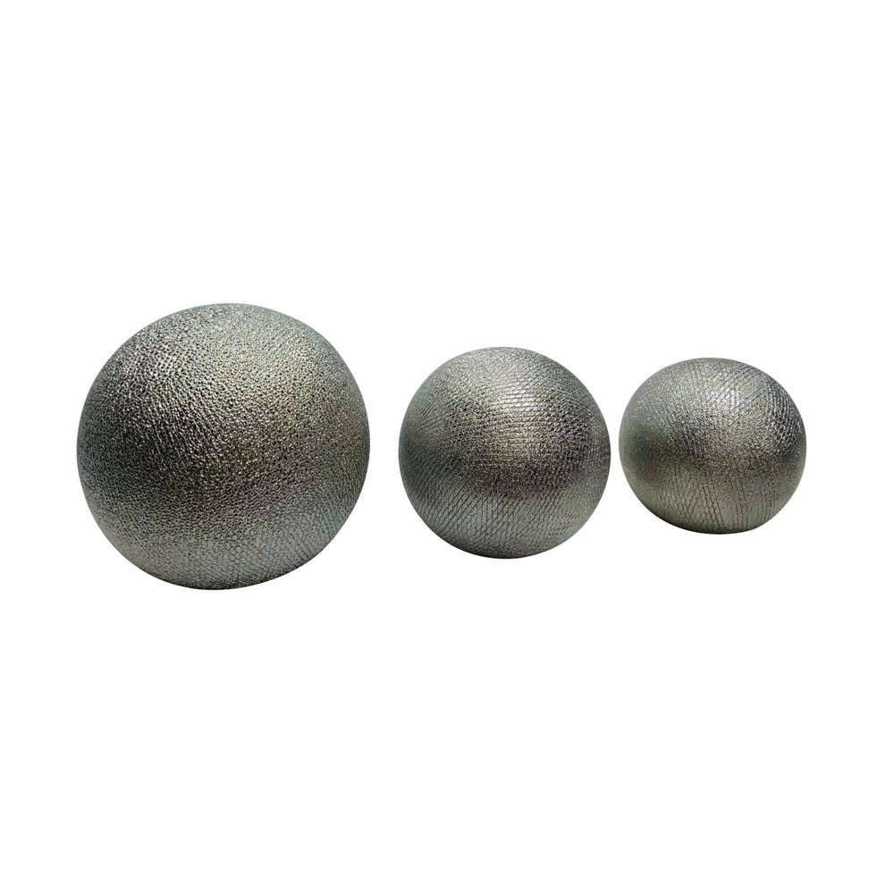 Decorative Ball Orb Set of 3 | Cross-Hatched Texture | Antique Silver Ceramic