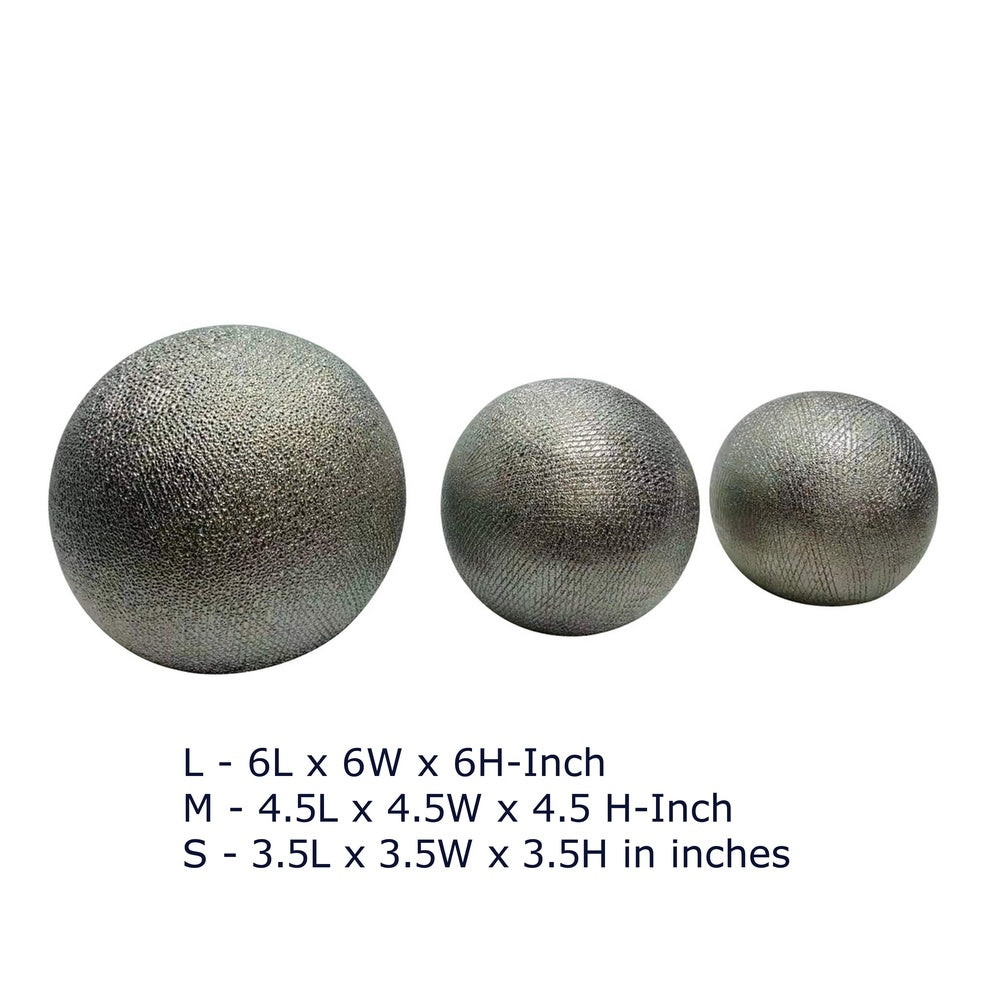 Decorative Ball Orb Set of 3 | Cross-Hatched Texture | Antique Silver Ceramic