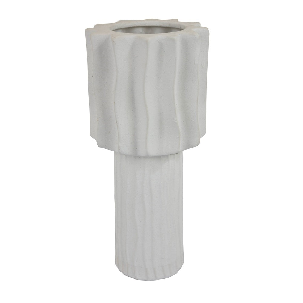 Asmi Decorative Vase | 2-Tier Design | Wavy Ribbed White Ceramic 14"