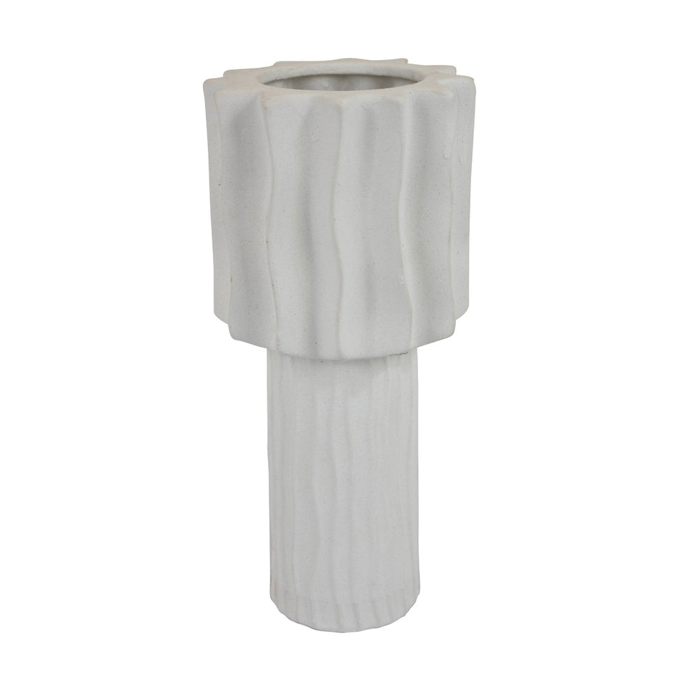 Asmi Decorative Vase | 2-Tier Design | Wavy Ribbed White Ceramic 14"