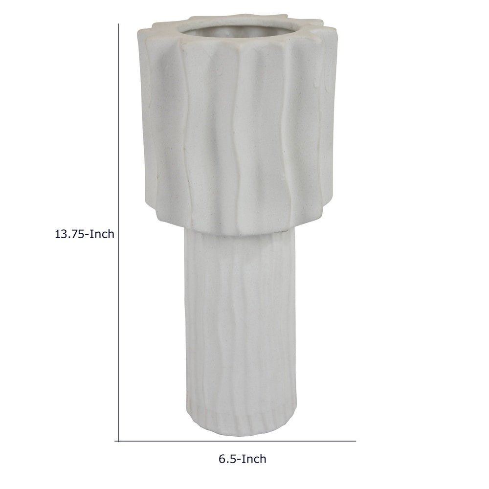 Asmi Decorative Vase | 2-Tier Design | Wavy Ribbed White Ceramic 14"