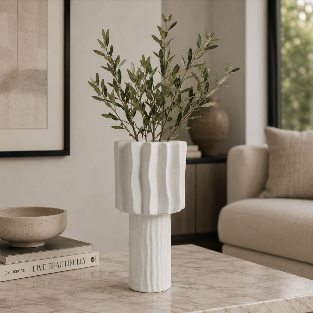 Asmi Decorative Vase | 2-Tier Design | Wavy Ribbed White Ceramic 14"