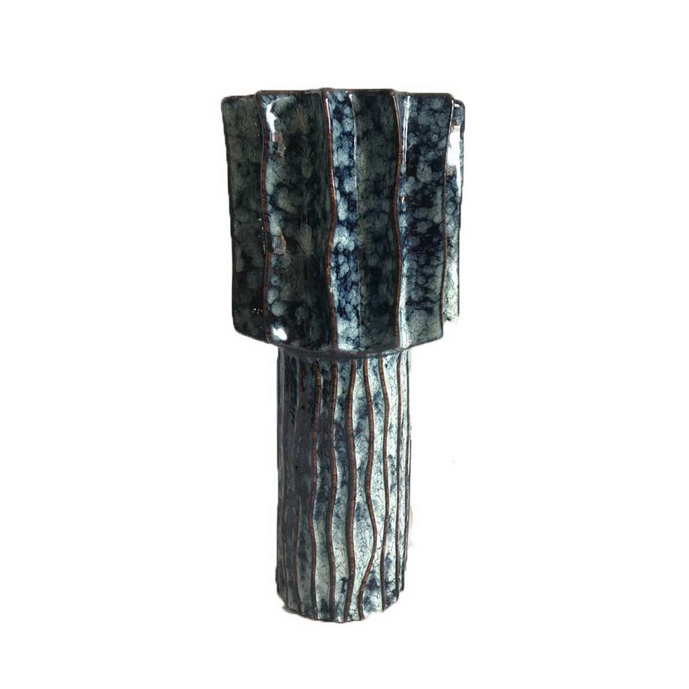 Asmi Decorative Vase | 2-Tier Design | Ribbed Brown & Gray Ceramic 14"