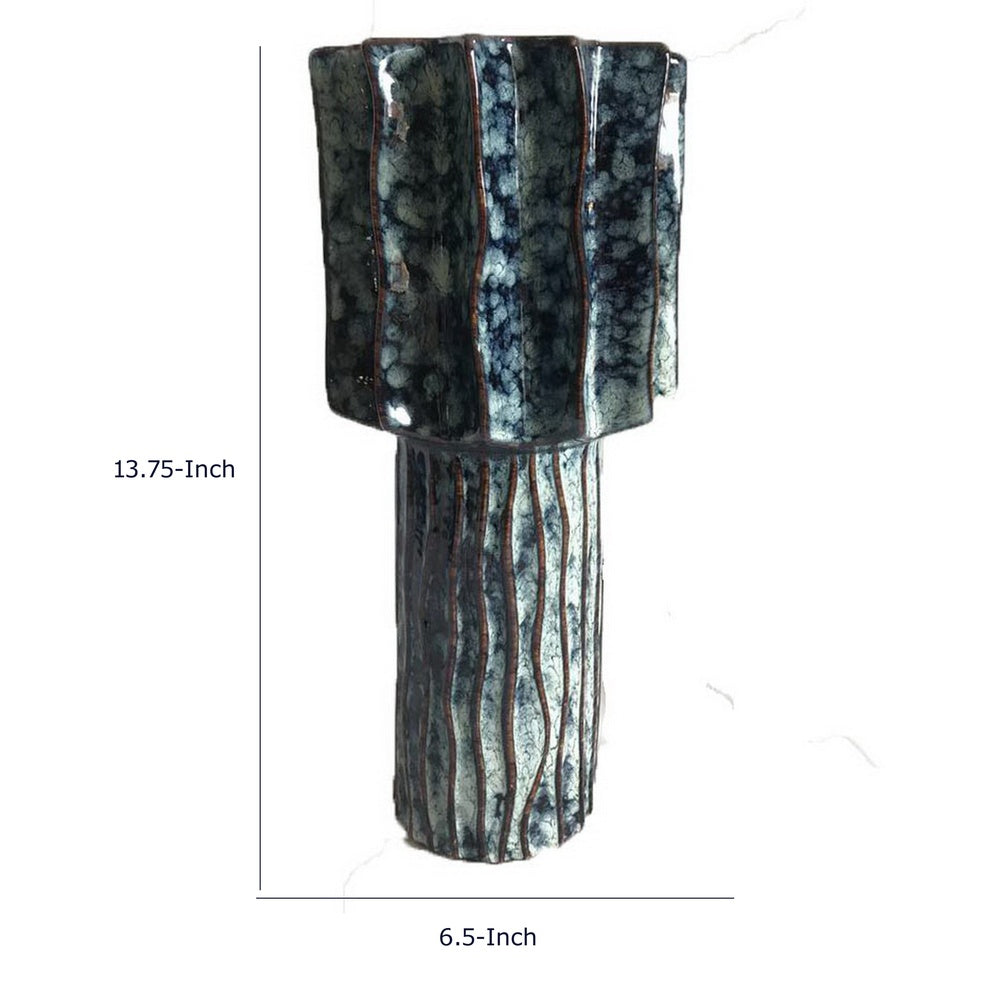 Asmi Decorative Vase | 2-Tier Design | Ribbed Brown & Gray Ceramic 14"