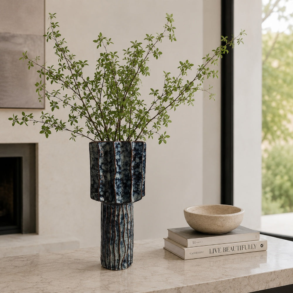 Asmi Decorative Vase | 2-Tier Design | Ribbed Brown & Gray Ceramic 14"
