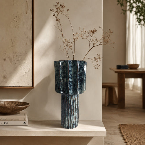 Asmi Decorative Vase | 2-Tier Design | Ribbed Brown & Gray Ceramic 14"