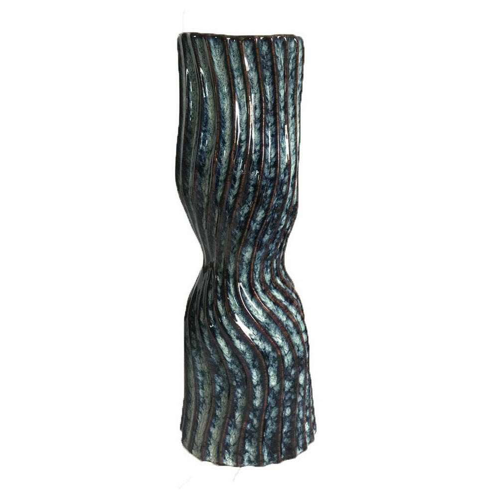 Decorative Vase | Fluted Hourglass Shape | Blue & Bronze Ceramic 16"