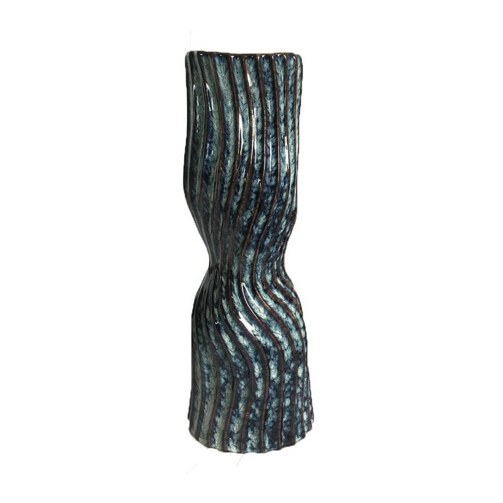 Decorative Vase | Fluted Hourglass Shape | Blue & Bronze Ceramic 16"