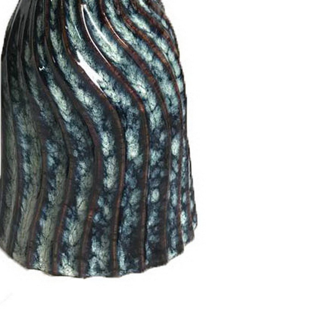 Decorative Vase | Fluted Hourglass Shape | Blue & Bronze Ceramic 16"