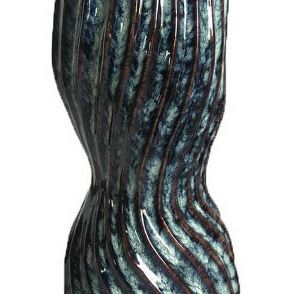 Decorative Vase | Fluted Hourglass Shape | Blue & Bronze Ceramic 16"