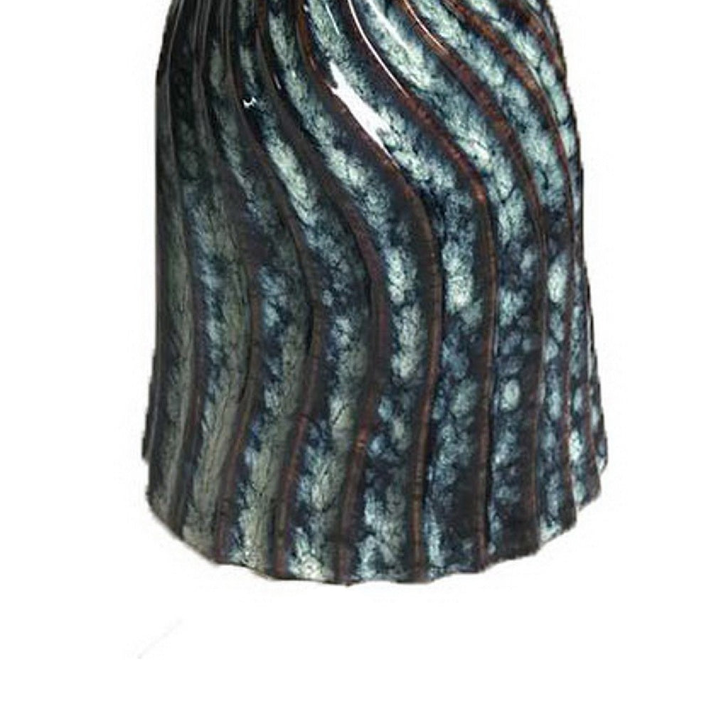 Decorative Vase | Fluted Hourglass Shape | Blue & Bronze Ceramic 16"