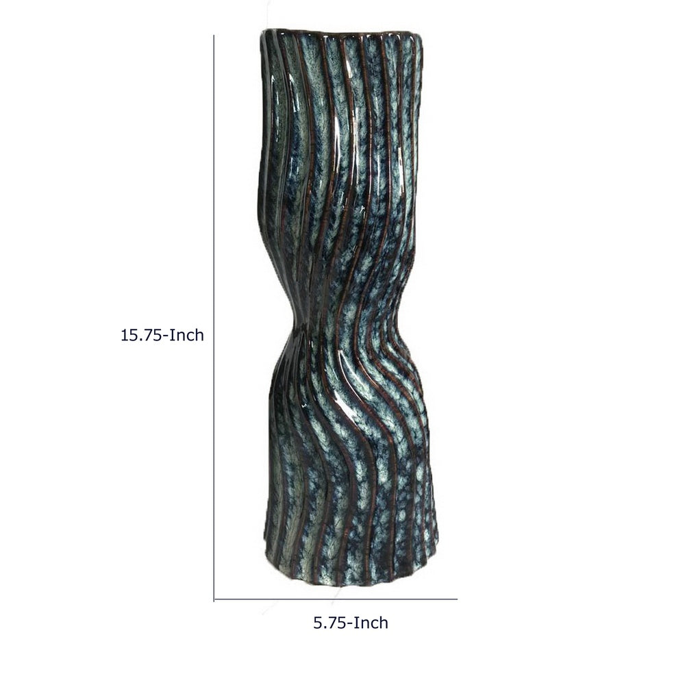 Decorative Vase | Fluted Hourglass Shape | Blue & Bronze Ceramic 16"