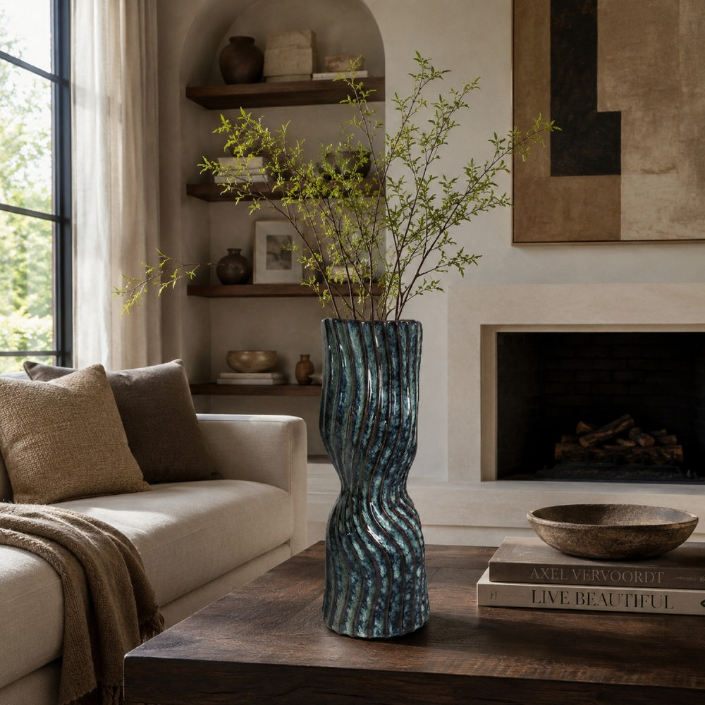 Decorative Vase | Fluted Hourglass Shape | Blue & Bronze Ceramic 16"