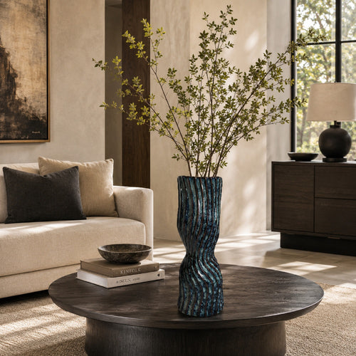 Decorative Vase | Fluted Hourglass Shape | Blue & Bronze Ceramic 16"