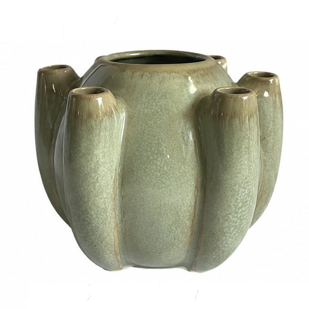 Tulipiere Vase | Crackled Texture | Sage Green & Brown Ceramic 9"