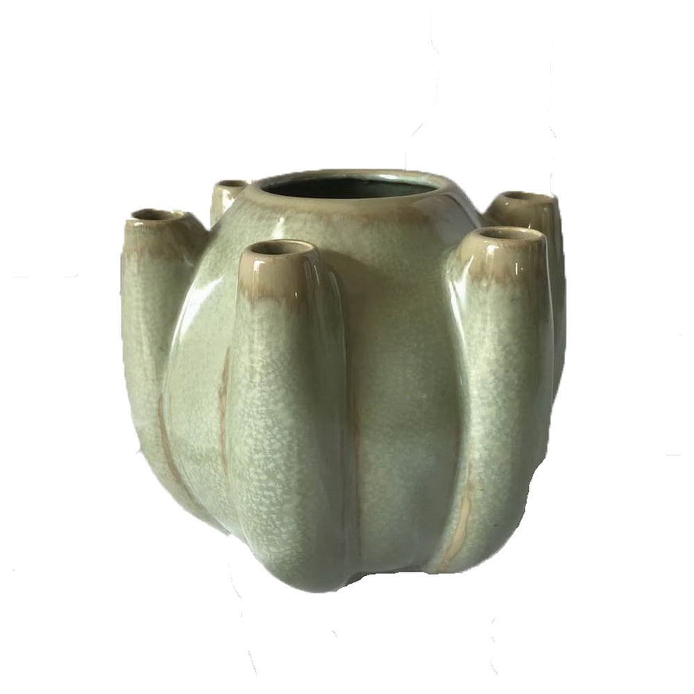 Tulipiere Vase | Crackled Texture | Sage Green & Brown Ceramic 9"