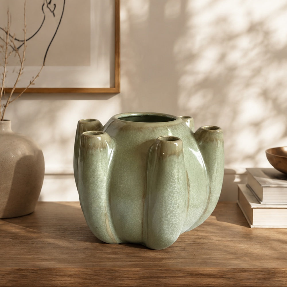 Tulipiere Vase | Crackled Texture | Sage Green & Brown Ceramic 9"
