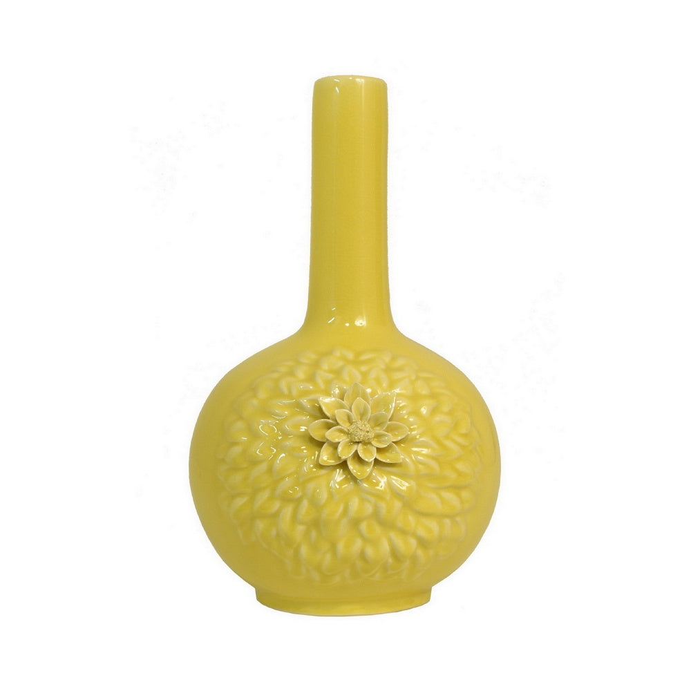 Decorative Vase | 3D Dahlia Applique | Relief Petals | Yellow Ceramic 13"