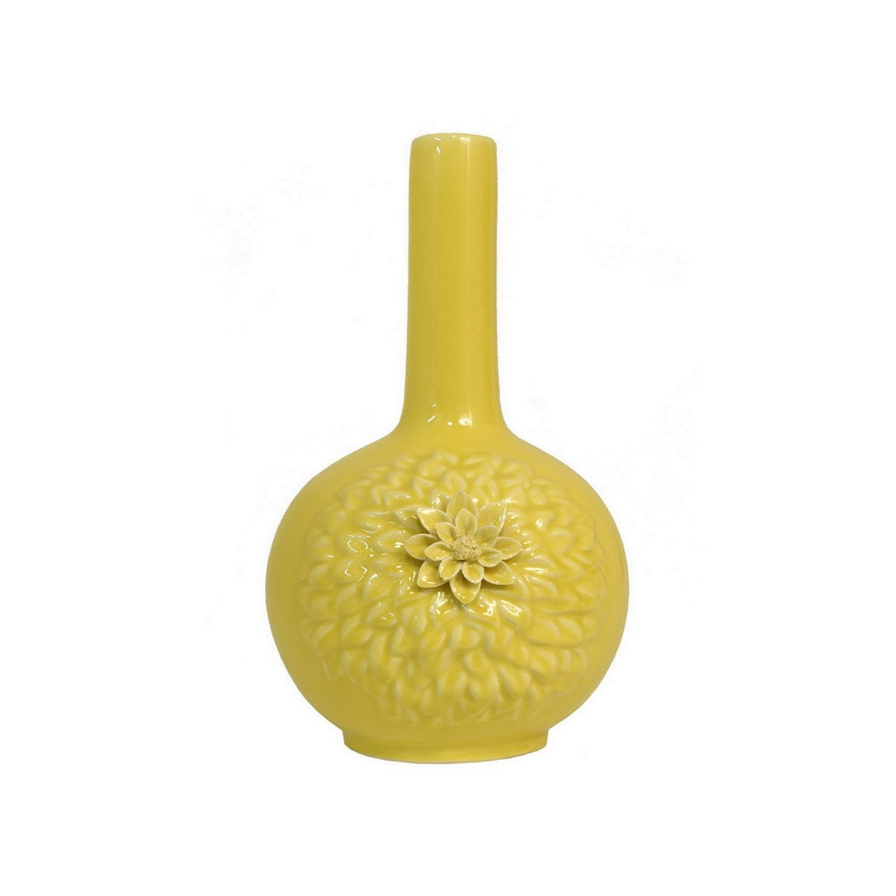 Decorative Vase | 3D Dahlia Applique | Relief Petals | Yellow Ceramic 13"