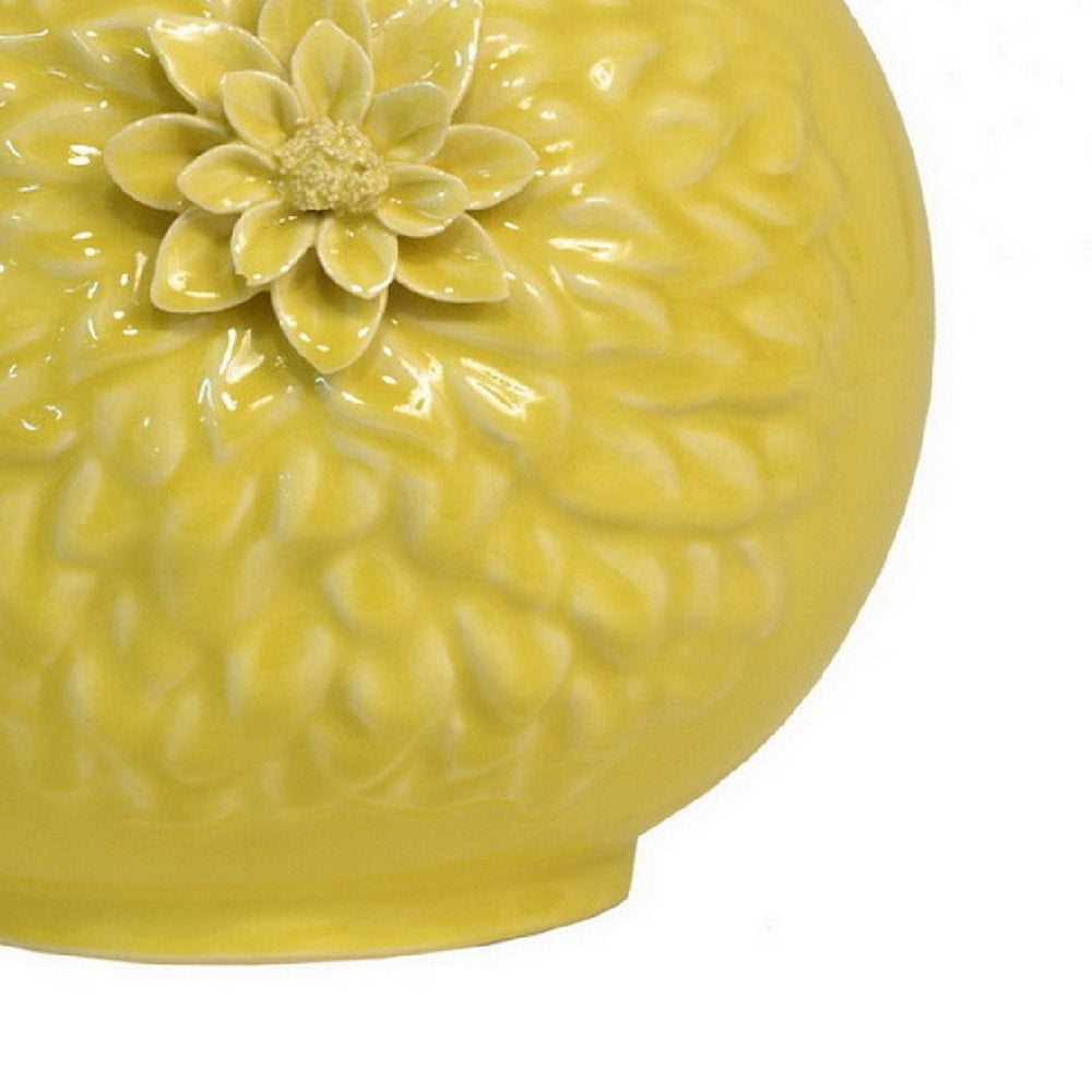 Decorative Vase | 3D Dahlia Applique | Relief Petals | Yellow Ceramic 13"