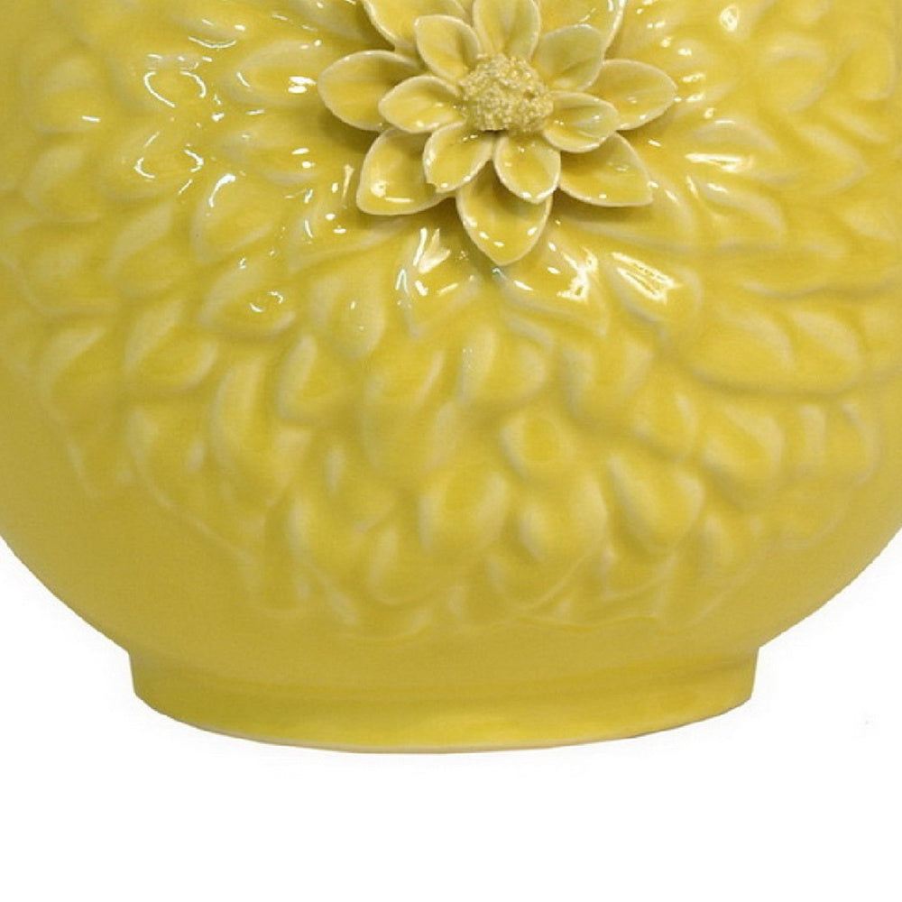Decorative Vase | 3D Dahlia Applique | Relief Petals | Yellow Ceramic 13"