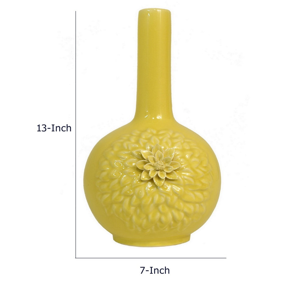 Decorative Vase | 3D Dahlia Applique | Relief Petals | Yellow Ceramic 13"