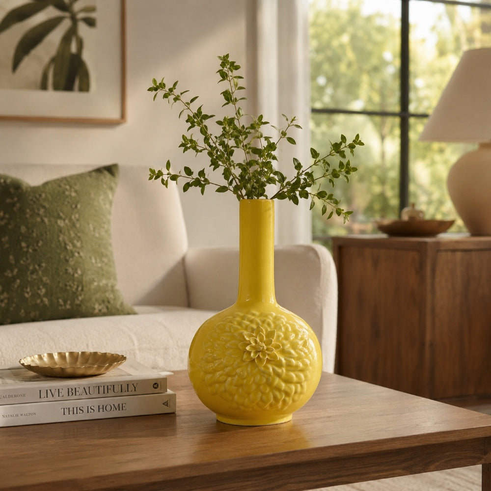 Decorative Vase | 3D Dahlia Applique | Relief Petals | Yellow Ceramic 13"