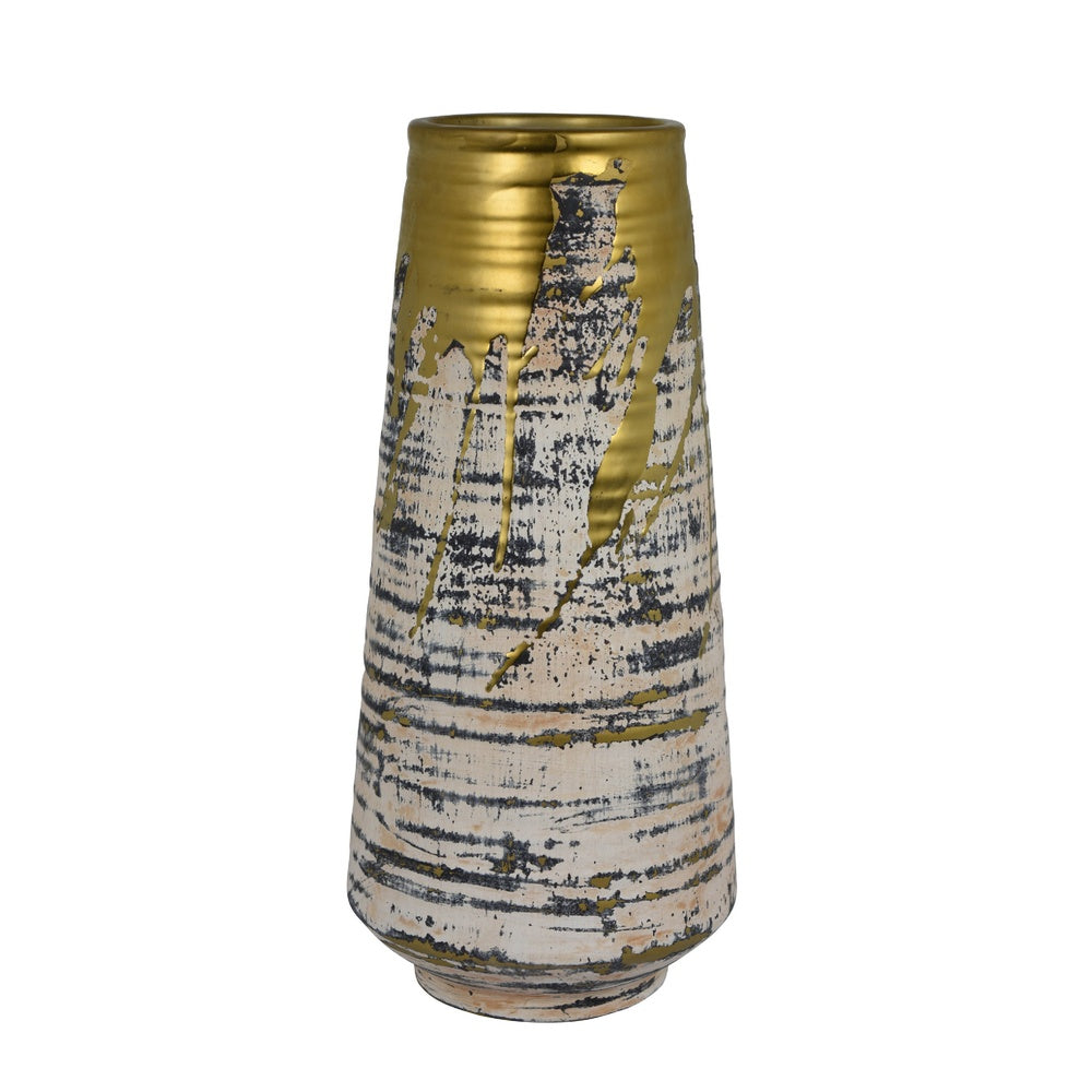 Gold Drip Vase | Ribbed Texture | Distress Gray & White Ceramic 14"