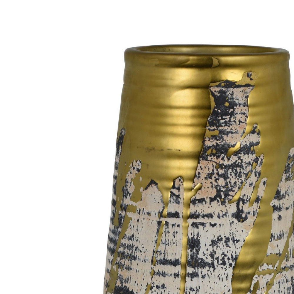 Gold Drip Vase | Ribbed Texture | Distress Gray & White Ceramic 14"