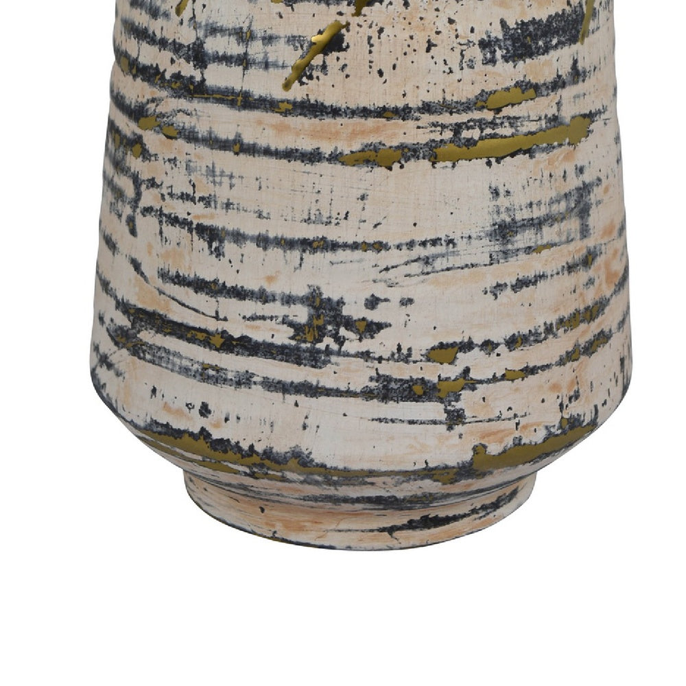 Gold Drip Vase | Ribbed Texture | Distress Gray & White Ceramic 14"