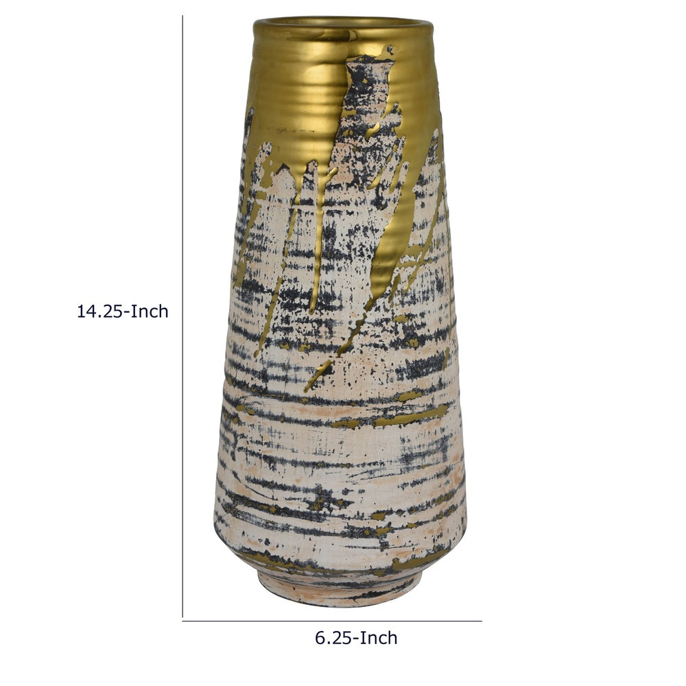 Gold Drip Vase | Ribbed Texture | Distress Gray & White Ceramic 14"